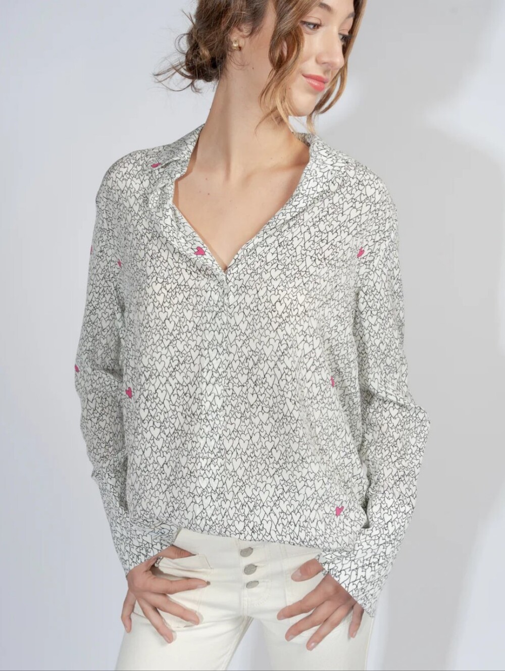 Catherine Gee Daria French Cuff 100% Silk Heart Print Blouse